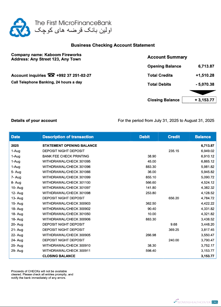 Tajikistani The First MicroFinance (FMFB) firm account statement Word and PDF template 